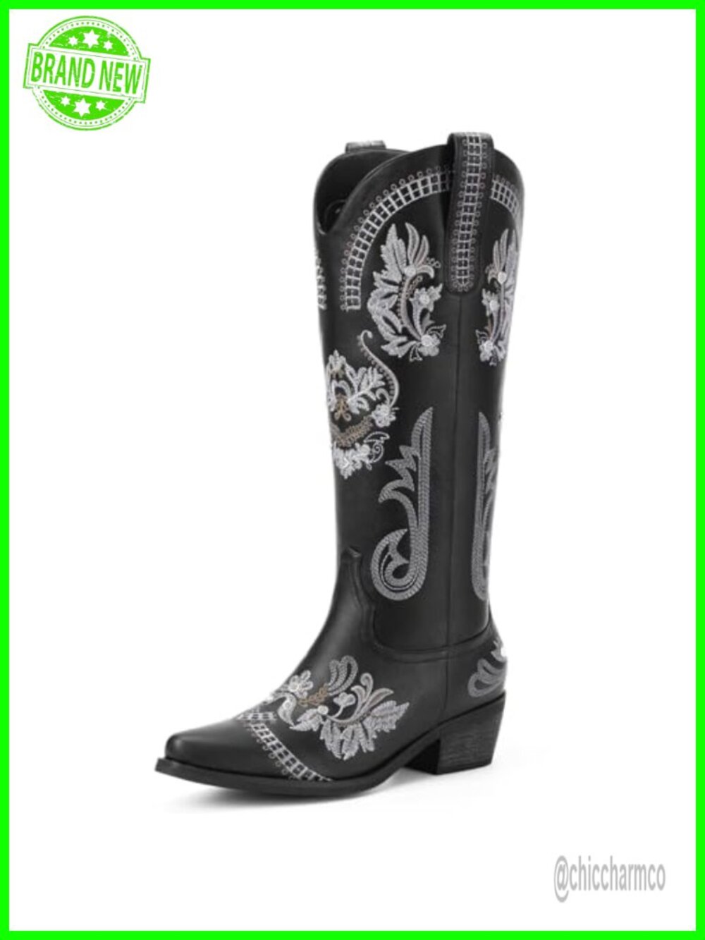 Women's Western Knee High Cowboy Boots Rhinestone Embroidered Faux Leather